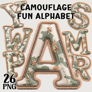 Letras del alfabeto divertidas con estampado de camuflaje, clipart de fuente con estampado de pelo sintético, paquete de descarga digital PNG de la A a la Z para sublimación