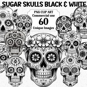 Têtes de mort en sucre noir et blanc, squelette des cliparts aquarelle, téléchargement immédiat, Halloween / jour des morts PNG transparent sublimation lot