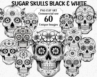 Sugar Skulls Black & White, Skeleton Watercolor Clipart, Instant Download, Halloween / Day of the Dead Transparent PNG Sublimation Bundle