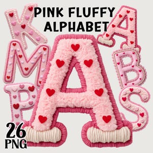 May include: Pink fluffy alphabet letters with red heart accents. The letters are in various styles, including a fluffy pink 'A' with red hearts, and a pink 'K' with red and pink hearts. The image includes the text "PINK FLUFFY ALPHABET" and "26 PNG".
