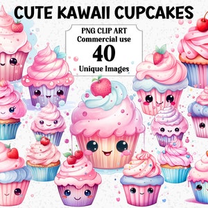 Cupcakes fofos de kawaii em aquarela, decorações artesanais de sublimação, download instantâneo, pacote PNG transparente de aniversário rosa para uso comercial