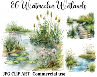 Watercolor Wetlands Grass Swamp Clipart Scenes, Fantasy Nature Digital & Paper Crafts | Instant Download backgrounds, Commercial use JPGs