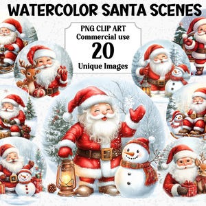 Clipart Noël aquarelle de scènes de père Noël, décorations artisanales amusantes de bonhomme de neige, téléchargement immédiat à usage commercial PNG Transparent par sublimation Bundle
