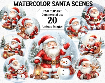 Clipart natalizie con scene di Babbo Natale ad acquerello, divertenti decorazioni artigianali a forma di pupazzo di neve, download istantaneo, uso commerciale, pacchetto di sublimazione PNG trasparente
