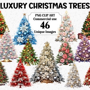 Luksusowe choinki akwarelowe Clipart, cyfrowe i papierowe rzemiosło, natychmiastowe pobieranie Komercyjne użycie Przezroczysty pakiet Xmas Sublimacja PNG
