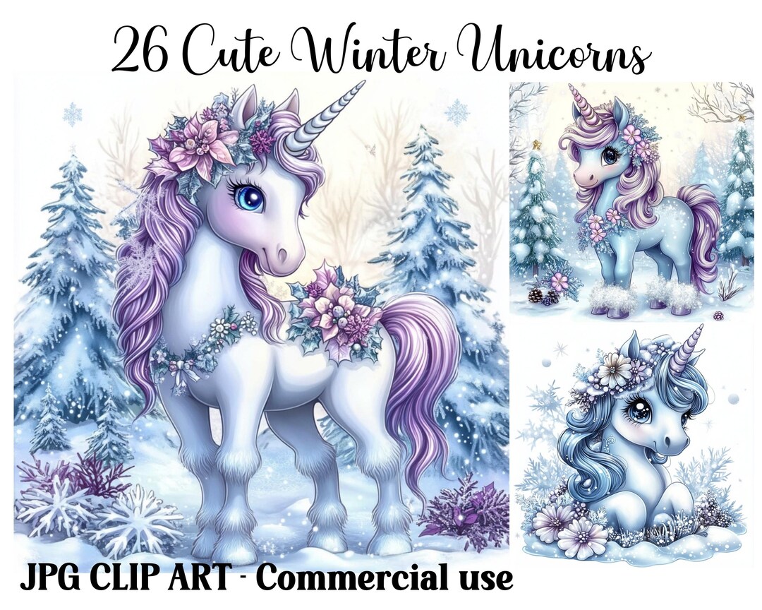 Cute Winter Unicorns Clipart, Christmas Card Making Journals, Instant ...