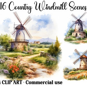 May include: A set of 16 watercolor illustrations of country windmills. Each illustration features a windmill in a rural setting with a path leading to it. The windmills are painted in shades of brown, gray, and red. The illustrations are perfect for adding a touch of rustic charm to your projects.
