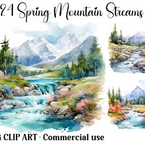 Lente bergbeekjes aquarel clipart scènes, Digital & Paper Craft, Instant Download landschapsachtergronden, JPG-bundel voor commercieel gebruik