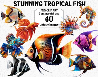 以下が含まれることがあります： 40種類のユニークな熱帯魚クリップアート画像のコレクション。画像には、タツノオトシゴ、ライオンフィッシュ、エンゼルフィッシュ、バタフライフィッシュなど、さまざまなカラフルな魚が描かれています。PNGクリップアート商用利用。
