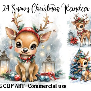 Snowy Christmas Reindeer clipart, craft digital papers, cute cards making, instant download winter achtergronden, commercieel gebruik JPG-bundel