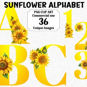 Clipart de alfabeto de girassol, artesanato digital e em papel, letras e números de flores da primavera, download instantâneo, pacote de sublimação PNG transparente