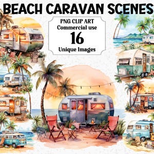 Imágenes prediseñadas de acuarela, escenas de caravanas de playa, camping digital, remolque, sublimación, atardecer, naturaleza, descarga instantánea, comercial, paquete PNG transparente