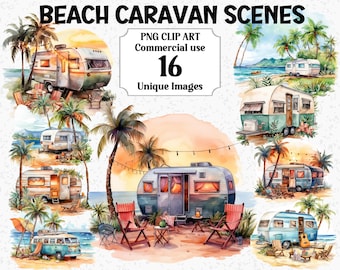 Watercolor Clipart Beach Caravan Scenes Digital Camping Trailor Sublimation Sunset Nature Instant Download Commercial Transparent PNG bundle