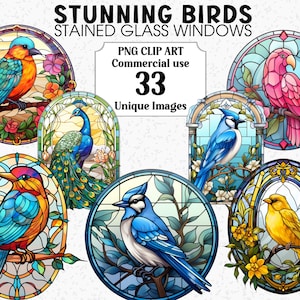 Superbe oiseau vitrail cliparts, créations numériques et papier, téléchargement immédiat usage commercial sublimation PNG transparents, art mural