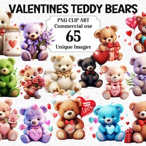 Clipart aquarelle ours en peluche de la Saint-Valentin, cartes d'ours en peluche, invitations à des créations artisanales, utilisation commerciale en téléchargement immédiat, lot de sublimation PNG transparent