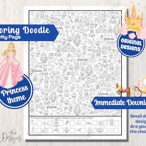 Princess Search & Color Doodles - I SPY Printable Counting Page - Adults + Kids Holiday Seasonal Vacation Party Activity Craft Sheet