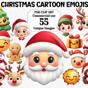 Bundle de sublimation PNG Transparent EMOJIs Noël dessin animé, émoticônes à téléchargement immédiat, utilisation commerciale visages père Noël bonhomme de neige renne