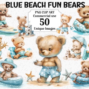 Blue Beach Fun Bears Clipart, Verano, Castillos de arena, Surf, natación, Descarga instantánea, Paquete de sublimación PNG transparente para niños pequeños de guardería