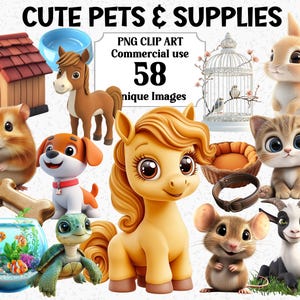Clipart di animali domestici e accessori carini in stile 3D, grafica di uso commerciale per gatti, cani, pesci, cavalli e pony, grafica PNG a sublimazione trasparente Pacchetto di animali