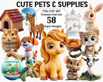 Könnte beinhalten: Eine Sammlung von 58 niedlichen Comic-Tierillustrationen, darunter ein braunes Pferd, ein braun-weißes Kaninchen, eine braun-weiße Katze, ein braun-weißer Hund, eine braun-weiße Maus, eine braun-weiße Ziege, ein braun-weißer Hamster, eine grüne Schildkröte und ein braun-weißes Pony. Die Illustrationen sind perfekt für den Einsatz in digitalem Scrapbooking, Kartenherstellung und anderen Bastelprojekten.