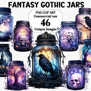 Clipart aquarelle de pots gothiques fantastiques, journal de bordel de métier, téléchargement immédiat de têtes de mort magiques, utilisation commerciale PNG Transparent par sublimation Bundle
