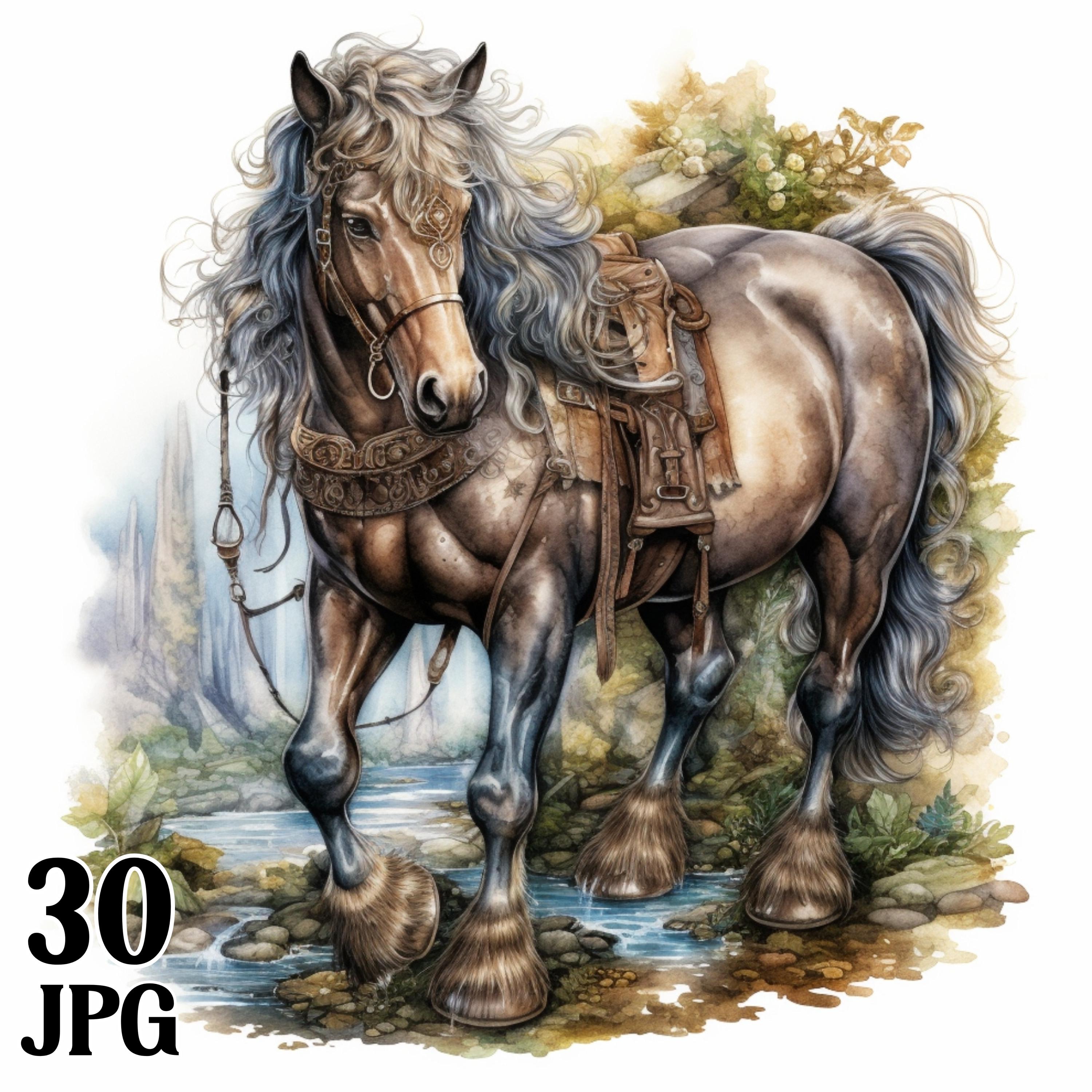 Horse Clipart Scenes Medieval Fantasy Watercolor Horses Instant Download Castle landscape background Commercial use Digital craft JPG Bundle