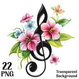 Clipart PNG Notes de musique florales, clé de sol transparente et lot de décorations florales, création numérique, téléchargement immédiat, usage commercial