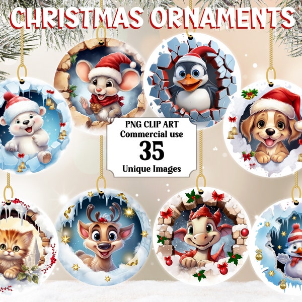 3D Cute Animals Christmas Break Through Ornament, Instant Download Commercial use Clipart, Transparent Xmas Circle PNG sublimation bundle