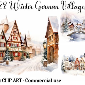 Scene di villaggi invernali tedeschi Clipart ad acquerello, artigianato digitale e cartaceo, download immediato di sfondi natalizi stagionali Uso commerciale JPG