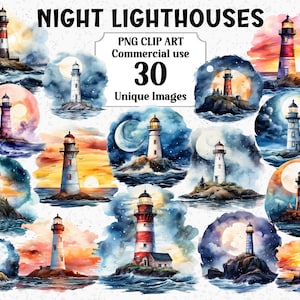 Nacht Leuchttürme Aquarell Clipart, Digital & Papier Handwerk, Sofort Download, kommerzielle Nutzung Transparent Nautical PNG Sublimation Bundle