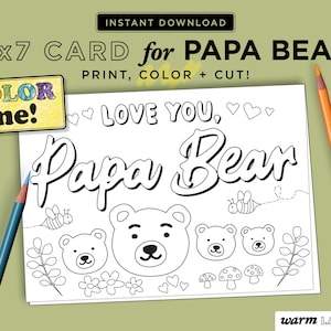 Papa Bear Printable Card from Three Kids | Papa Birthday Card | Papa Father's Day | Papa Coloring Page | Last Minute DIY | DIGITAL DOWNLOAD