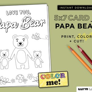 Papa Bear Printable Card from Two Kids | Papa Birthday Card | Papa Father's Day | Papa Coloring Page | Last Minute DIY | DIGITAL DOWNLOAD