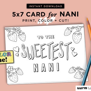 Cartão imprimível Nani | Dia das Mães Nani | Cartão de aniversário de Nani | Cartão Nani de Crianças | Página para colorir de Nani DIY de última hora | DOWNLOAD DIGITAL
