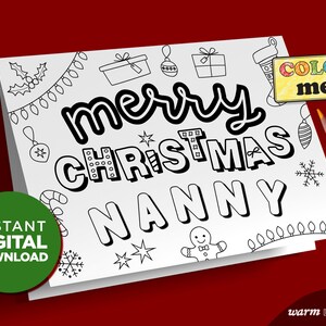 Joyeux Noël nounou - Carte imprimable | cadeau souvenir pour nounou pour grands et petits enfants | Coloriage dernière minute DIY | TÉLÉCHARGEMENT NUMÉRIQUE
