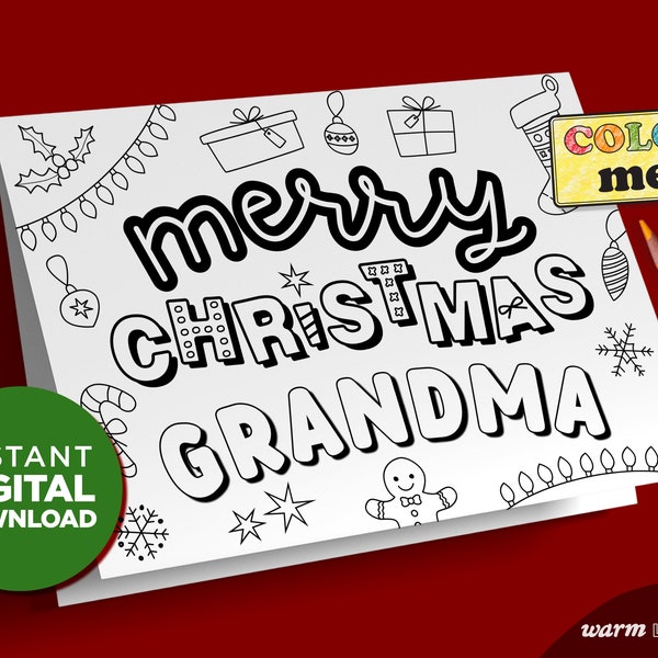 Merry Christmas Grandma Printable Card | Keepsake Gift for Grandma from Big & Small Kids | Coloring Page DIY Last Minute | DIGITAL DOWNLOAD