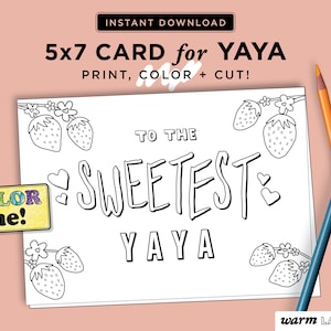 Tarjeta imprimible YaYa / Día de la Madre YaYa / Cumpleaños YaYa / Tarjeta YaYa de Niños / Página para colorear DIY / Regalo de último minuto / DESCARGA DIGITAL