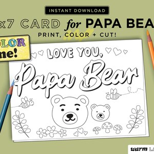 Cartão imprimível do papai urso de uma criança | Cartão de aniversário da papá | Papai Dia dos Pais | Página para colorir do papai | Faça você mesmo de última hora | DOWNLOAD DIGITAL