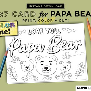 Papa Bear Printable Card from Two Kids | Papa Birthday Card | Papa Father's Day | Papa Coloring Page | Last Minute DIY | DIGITAL DOWNLOAD