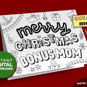 Vrolijke kerstbonus moeder afdrukbare kaart | Aandenken voor bonusmoeder van grote en kleine kinderen | Kleurplaat DIY Last Minute | DIGITALE DOWNLOAD