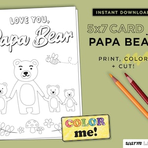 Papa Bear Printable Card from Three Kids | Papa Birthday Card | Papa Father's Day | Papa Coloring Page | Last Minute DIY | DIGITAL DOWNLOAD