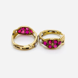 Pink Tiny Gold Huggie Earrings 18k Solid Gold Hoop Earrings 9mm Small Minimalist Earrings Huggie Hoop Earrings Gift for her