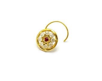 14K echt gouden neusring met bloemen CZ steen Indiase neuspiercing sieraden kleine gouden neuspin Tribal neusstekker Moederdagcadeau