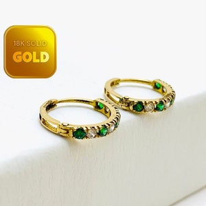 18k Solid Gold Hoop Earrings 12mm Green Tiny Gold Huggie Earrings Small Minimalist Earrings Gemstone Hoop Earrings Gift for Wife