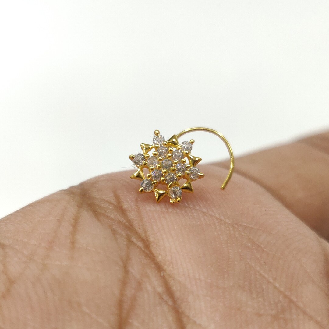 Indian Nose Stud 18k Gold Sun Nose Stud With White CZ Tiny Gold Nose