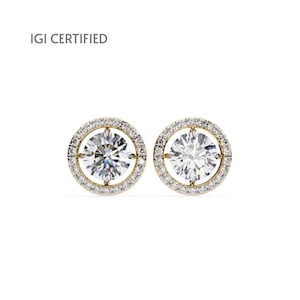 Round Halo 1-3 CT Lab Diamond Stud Earrings in 14k Gold | IGI Certified | Sparkling Gift Jewelry for Her | Ethical & Elegant Design