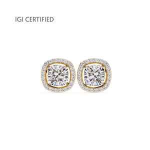 Cushion Halo 1-3 CT Lab Grown Diamond Stud Earrings IGI Certified Round Cut Yellow Gold Studs Bridal Sparkle Earrings Luxury Gift Jewelry