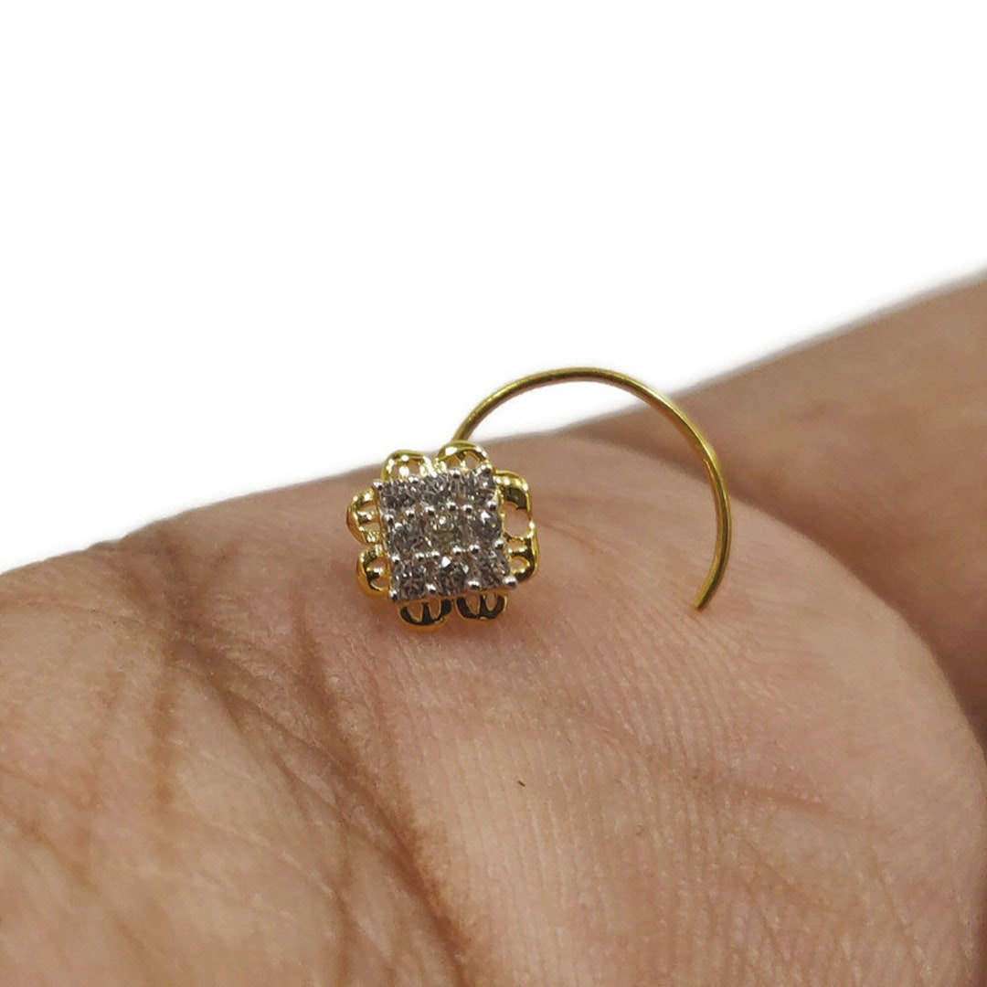 18k Gold Indian Nose Stud White Tiny Gemstone Studs Indian Nose Pin Triangle Nose Stud Gold Nose