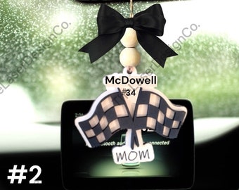 Personalized Racing Flag Car Charm: Custom Name & Number, Christmas Ornament