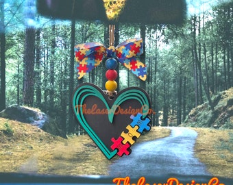 Autism Awareness Rearview Mirror Charm: Puzzle Ribbon Car Accessory