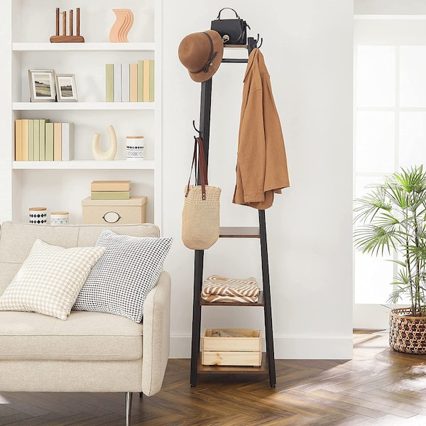 Coat Stand with Hooks for Scarves Rustic Brown and Black Steel Frame Home Office Steel Frame Industrial 3 Shelves